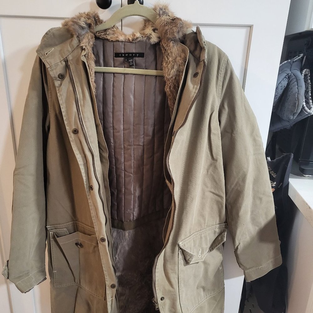 Theory Petite Size Rabbit Fur Button Up Coat Cargo Jacket With Hood